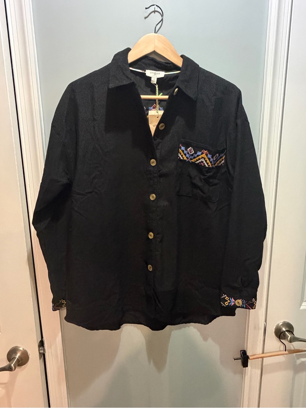 Umgee Black Corduroy Shirt with Multicolor Embroidered Trim
